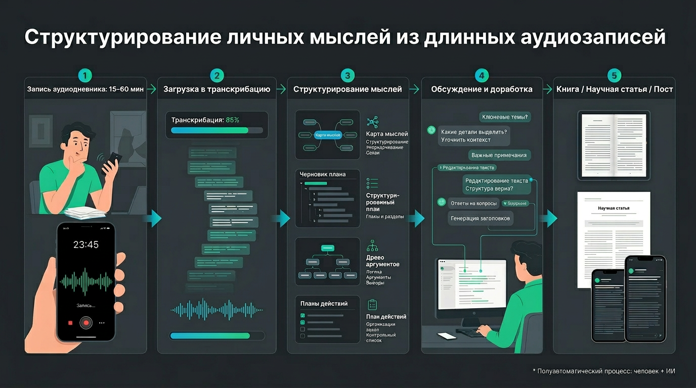 Из длинного аудиодневника формируется структура книги, статьи и постов