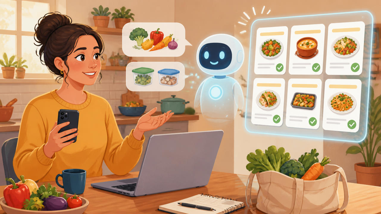 Пользователь описывает продукты AI-помощнику на смартфоне и ноутбуке