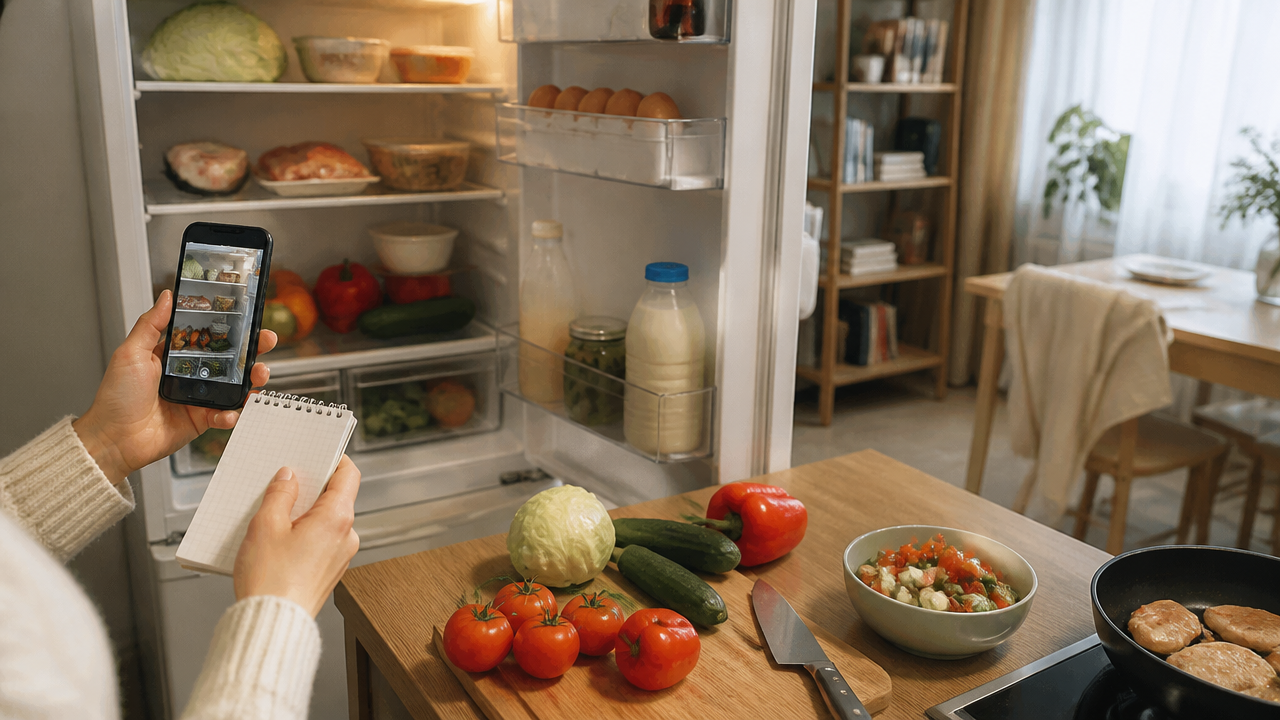 Кухонная полка и продукты для простого ужина