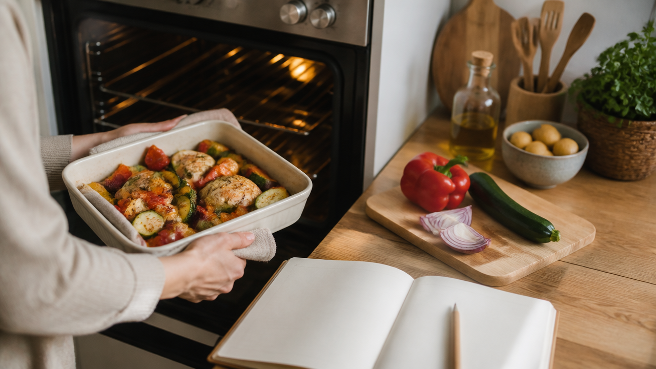 Форма с овощами и продукты для выбора блюда в духовке